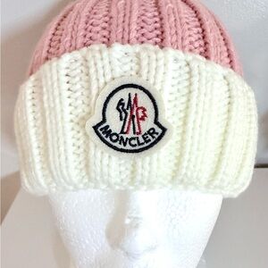 Moncler  Beanie in Pink and Cream with Fox Fur Pom Pom